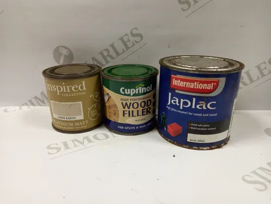 LOT OF APPROXIMATELY 11 DIY MATERIALS TO INCLUDE CUPRINOL WOOD FILLER 125ML, INSPIRED COLLECTION CASTE EARTH PLATINUM MATT, INTERNATIONAL JAPLAC GOLD METALLIC FINISH, ETC