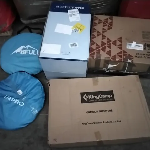 PALLET OF ASSORTED ITEMS INCLUDING KINGCAMP OUTDOOR FURNITURE, SUBRTEX TOPPER 3" GEL INFUSED MEMORY FOAM TOPPER, HOMALL GAMING CHAIR, BFULL POPUP TENT, FOLDABLE OFFICE CHAIR 
