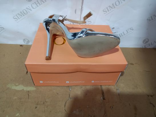 BOXED PAIR OF BEBO SILVER HIGH HEELS SIZE 5