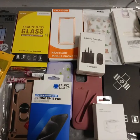 LOT OF ASSORTED MOBILE PHONE ACCESSORIES TO INCLUDE PD ADAPTERS, CASES, SCREEN PROTECTORS AND ADAPTERS