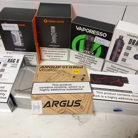 APPROXIMATELY 27 ASSORTED E-CIGARETTES AND E-CIGARETTE PARAPHERNALIA TO INCLUDE; VOOPOO, GEEK VAPE AND VAPORESSO