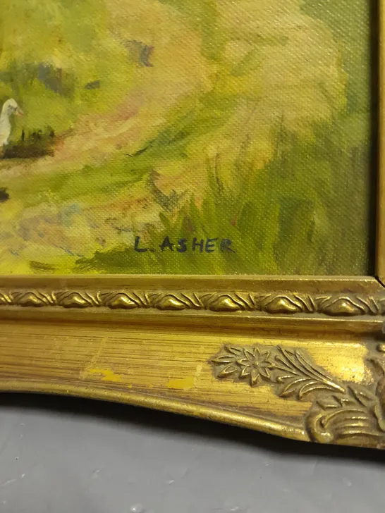 FRAMED FARMHOUSE CANVAS PAINTING SIGNED L.ASHER