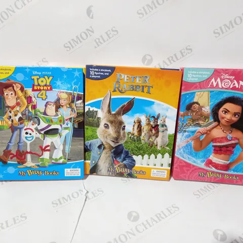 APPROXIMATELY 5 BRAND NEW BUSY BOOKS INCLUDING TOY STORY, MOANA AND PETER RABBIT - ALL INCLUDING FIGURES