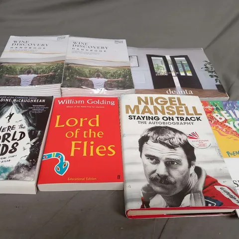 LARGE QUANTITY OF ASSORTED BOOKS TO INCLUDE; WINEDISCOVERY HANDBOOK, BEING YOU, STAYING ON TRACKAND LORD OF THE FLIES