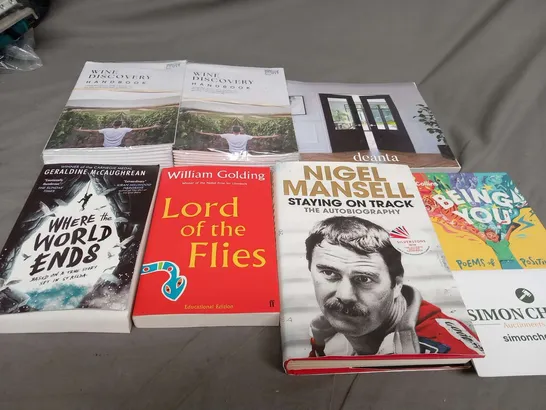 LARGE QUANTITY OF ASSORTED BOOKS TO INCLUDE; WINEDISCOVERY HANDBOOK, BEING YOU, STAYING ON TRACKAND LORD OF THE FLIES