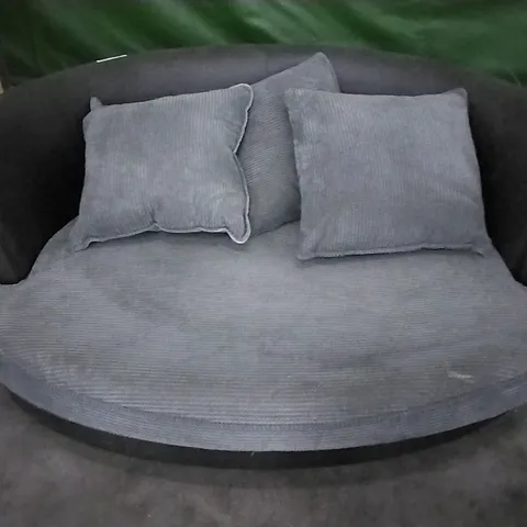 QUALITY LOVESEAT WITH ELEPHANT GREY CUSHIONS AND LEATHER BACK WITH SCATTERBACK CUSHIONS