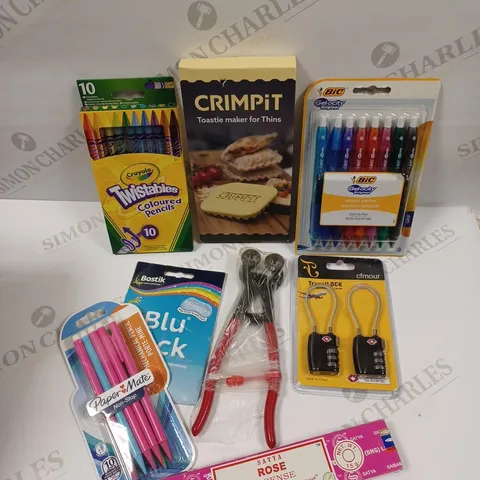 BOX OF APPROXIMATELY 15 ASSORTED HOUSEHOLD ITEMS TO INCLUDE TRAVEL LOCKS, CRIMPIT MAKER, STATIONARY ETC