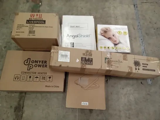 PALLET OF ASSORTED ITEMS INCLUDING DONYER POWER CONVECTOR HEATER, HEATED BLANKET, ANGEL SHIELD TOILET SEAT, MULTIFUNCTION AIR FRYER OVEN, KAZEILA ARTIFICAL PLANTS, SLIDING BARN DOOR HARDWARE