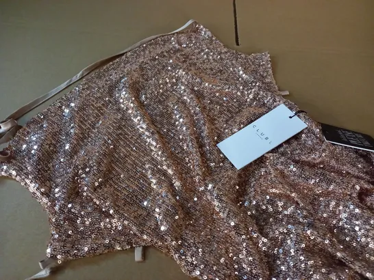 CLUB OF LONDON CHAMPAGNE SEQUIN CAMI COWL NECK DRESS - UK 10