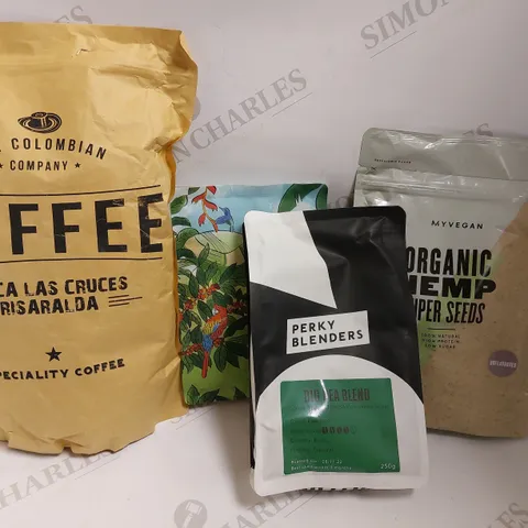 BOX OF APPROX 5 ITEMS TO INCLUDE THE COLOMBIAN COMPANY COFFEE, PERKY BLENDERS COFFEE AND ORGANIC HEMP SUPER SEEDS