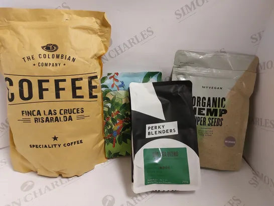 BOX OF APPROX 5 ITEMS TO INCLUDE THE COLOMBIAN COMPANY COFFEE, PERKY BLENDERS COFFEE AND ORGANIC HEMP SUPER SEEDS