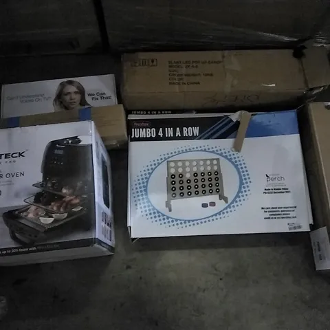 PALLET OF ASSORTED ITEMS INCLUDING JUMBO 4 IN A ROW, PUE COOL FAN, INNOTECK AIR FRYER OVEN, SLANT-LEG POP UP CANOPY, EXOFCER OFFICE CHAIR, INFLATABLE PADDLE BOARD