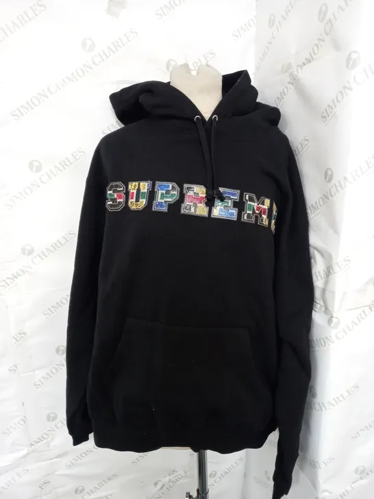 SUPREME COLLEGIATE PATCHWORK LEATHER HOODIE IN BLACK - MEDIUM