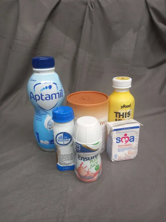 APPROXIMATELY 6 ASSORTED FOOD ITEMS TO INCLUDE - YFOOD BANANA MEAL DRINK - GLOW+ UNFLAVOURED PURA COLLAGEN - APTAMIL FIRST INFANT MILK - ETC - COLLECTION ONLY