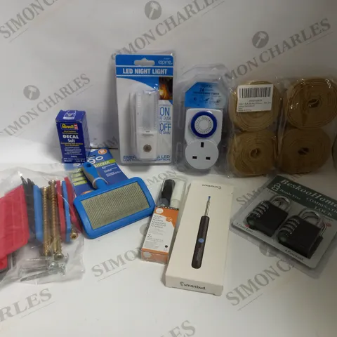 BOX OF APPROX 10 HOUSEHOLD ITEMS TO INCLUDE LED NIGHT LIGHT, PLUG IN TIMER, REVELL DECAL SOFT