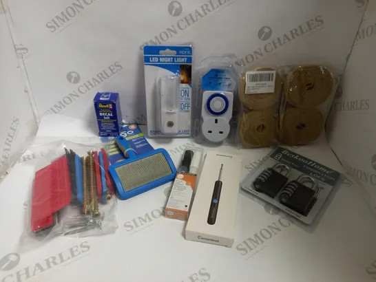 BOX OF APPROX 10 HOUSEHOLD ITEMS TO INCLUDE LED NIGHT LIGHT, PLUG IN TIMER, REVELL DECAL SOFT