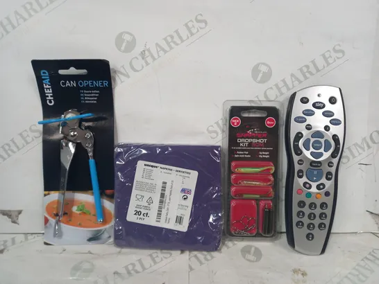 LOT OF APPROXIMATELY 10 ASSORTED HOUSEHOLD ITEMS TO INCLUDE SKY REMOTE, SNAPPER DROPSHOT KIT, CAN OPENER, ETC