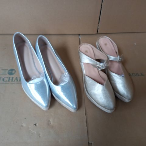 2 X PAIRS ESPADRILLE WEDGE SANDALS, 1 X SILVER, 1 X GOLD (WITH ANKLE STRAP) BOTH EU SIZE 40