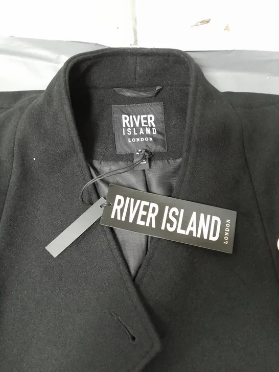 RIVER ISLAND LADIES LONG BLACK COAT POPPER FASTENING AND BELT SIZE 12