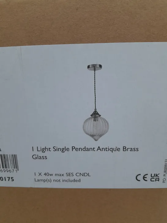 BOXED MYA 1 LIGHT SINGLE PENDANT ANTIQUE BRASS GLASS