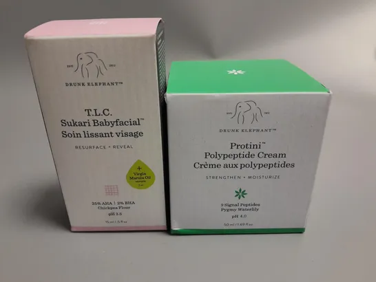 LOT OF 2 DRUNK ELEPHANT BEAUTY ITEMS INCLUDES PROTINI POLYPEPTIDE CREAM AND T.L.C BABY FACIAL