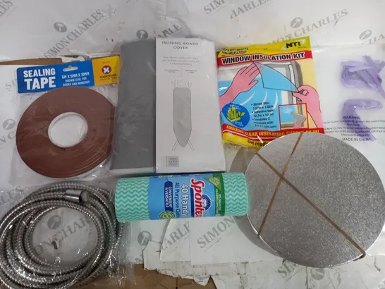 LARGE QUANTITY OF ASSORTD HOUSEHOLD ITEMS TO INCLUDE SEALING TAPE, IRONING BOARD COVER AND WINDOW INSULATION KIT