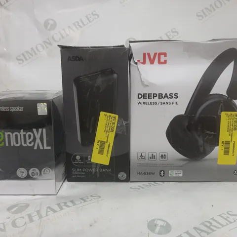 BOX OF APPROXIMATELY 20 ASSORTED ELECTRICAL ITEMS TO INCLUDE JVC DEEPBASS WIRELESS HEADPHONES, SLIM POWER BANK, JUICENOTE XL WIRELESS SPEAKER, ETC