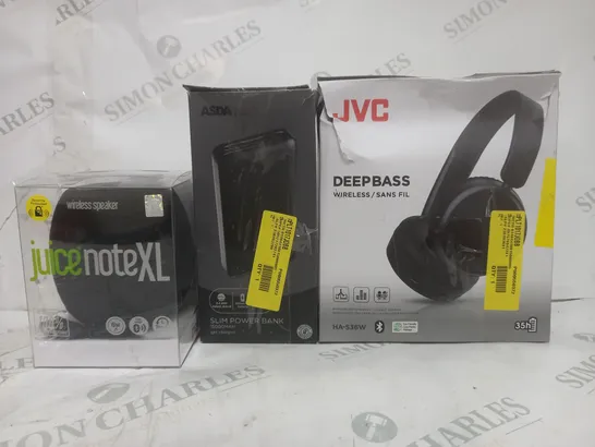 BOX OF APPROXIMATELY 20 ASSORTED ELECTRICAL ITEMS TO INCLUDE JVC DEEPBASS WIRELESS HEADPHONES, SLIM POWER BANK, JUICENOTE XL WIRELESS SPEAKER, ETC