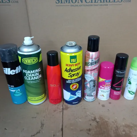 APPROXIMATELY 10 ASSORTED AEROSOLS TO INCLUDE GILLETTE SHAVE GEL, FOAMING CHAIN CLEANER, AND SO... BODY FRAGRANCE ETC. 