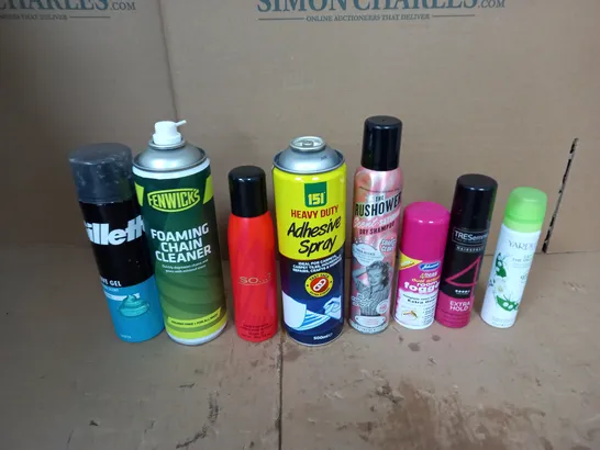 APPROXIMATELY 10 ASSORTED AEROSOLS TO INCLUDE GILLETTE SHAVE GEL, FOAMING CHAIN CLEANER, AND SO... BODY FRAGRANCE ETC. 