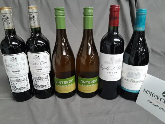 LOT OF 6 ASSORTED BOTTLES OF WINE TO INCLUDE LINTERDIT DE GUFFENS 2023, CHAPELLE DE POTENSAC MEDOC 2019 AND MARQUES DE RASCAL 2019