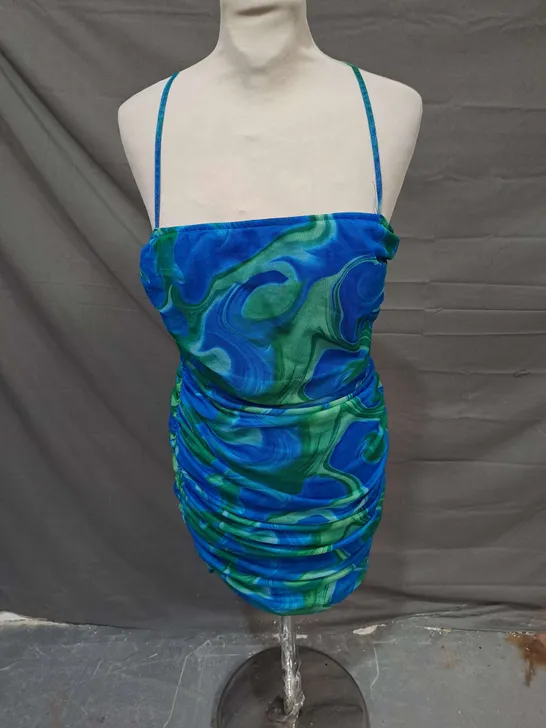 NAANAA RUCHED DRESS IN BLUE/GREEN MARBLE SIZE 12