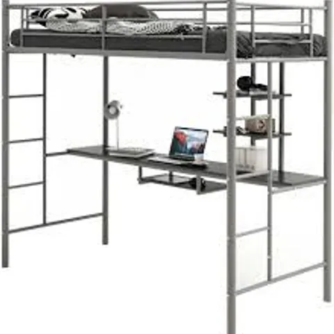 BOXED COSTWAY METAL BUNK BED WITH DESK, SHELVES AND SAFETY GUARDRAIL - SILVER