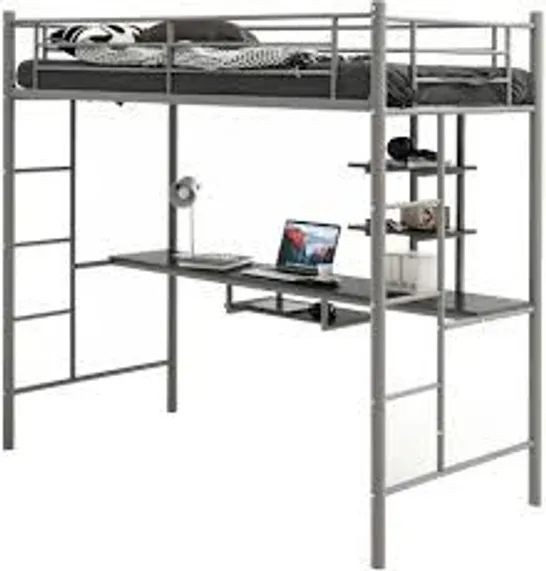 BOXED COSTWAY METAL BUNK BED WITH DESK, SHELVES AND SAFETY GUARDRAIL - SILVER