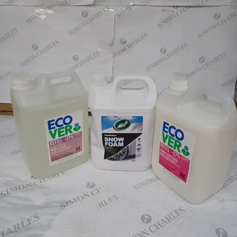 LOT OF 3 ITEMS TO INCLUDE ECOVER LAUNDRY LIQUID REFILL - 5L, TURTLEWAX SNOW FOAM SHAMPOO - 5L, ECOVER FABRIC SOFTENER - 5L