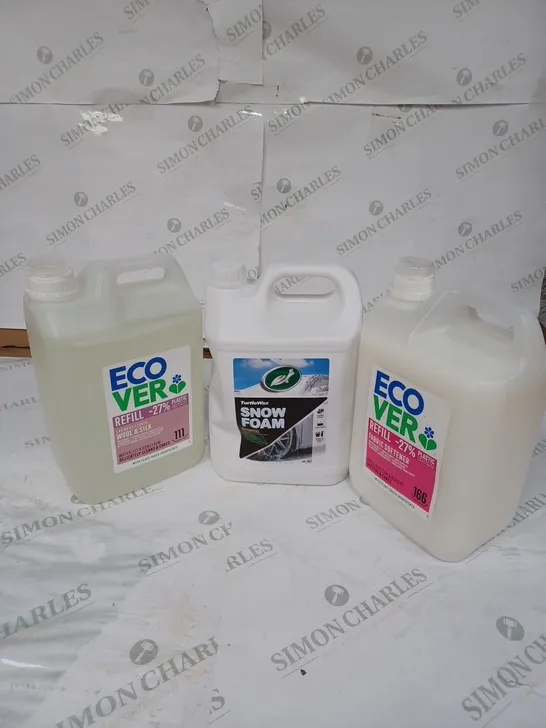 LOT OF 3 ITEMS TO INCLUDE ECOVER LAUNDRY LIQUID REFILL - 5L, TURTLEWAX SNOW FOAM SHAMPOO - 5L, ECOVER FABRIC SOFTENER - 5L