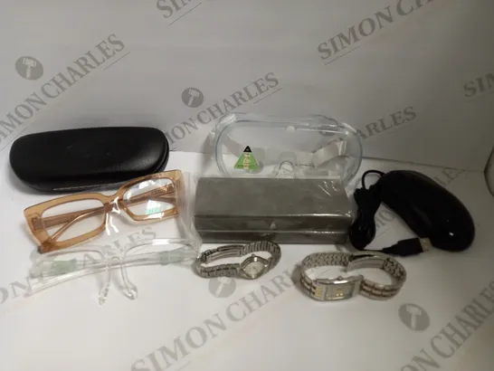 BOX OF APPROX 10 ITEMS INCLUDING ASSORTED GLASSES, WATCHES AND KENSINGTON WIRED MOUSE