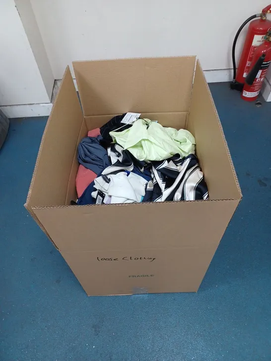 LARGE BOX OF APPROIXMATELY 50 CLOTHING ITEMS TO INCLUDE: M&S, H&M & ZARA IN VARIOUS COLOURS & SIZES 