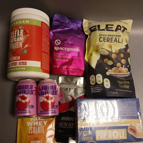 LOT OF APPROX 8 ASSORTED FOOD & DRING ITEMS TO INCLUDE - MYPROTEIN CLEAR VEGAN PROTEIN - SPACEGOODS RAINBOW DUST - ELEAT HIGH PROTEIN CERAL ETC