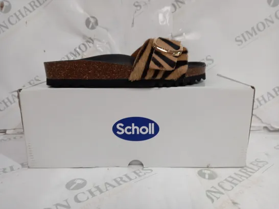 BOXED PAIR OF SCHOLL SANDALS LEATHER SOLE FURY STRIPED STRAP IN BROWN SIZE EU 35