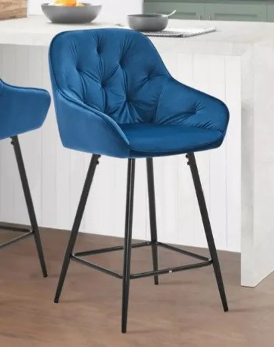 BOXED PAIR OF GARVIES BLUE VELVET BAR STOOLS