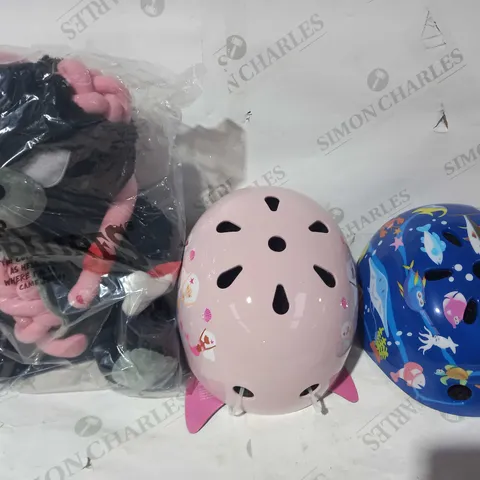 LOT OF 3 ASSORTED HOUSEHOLD ITEMS TO INCLUDE KREEPTURES PLUH ZOMBIE BEAR, KID'S PROTECTIVE HELMET IN BLUE W. SEA LIFE PATTERN, AND MICRO KID'S PROTECTIVE HELMET IN PINK