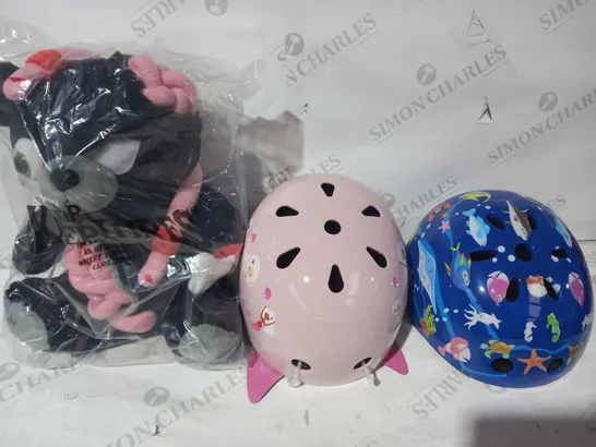 LOT OF 3 ASSORTED HOUSEHOLD ITEMS TO INCLUDE KREEPTURES PLUH ZOMBIE BEAR, KID'S PROTECTIVE HELMET IN BLUE W. SEA LIFE PATTERN, AND MICRO KID'S PROTECTIVE HELMET IN PINK