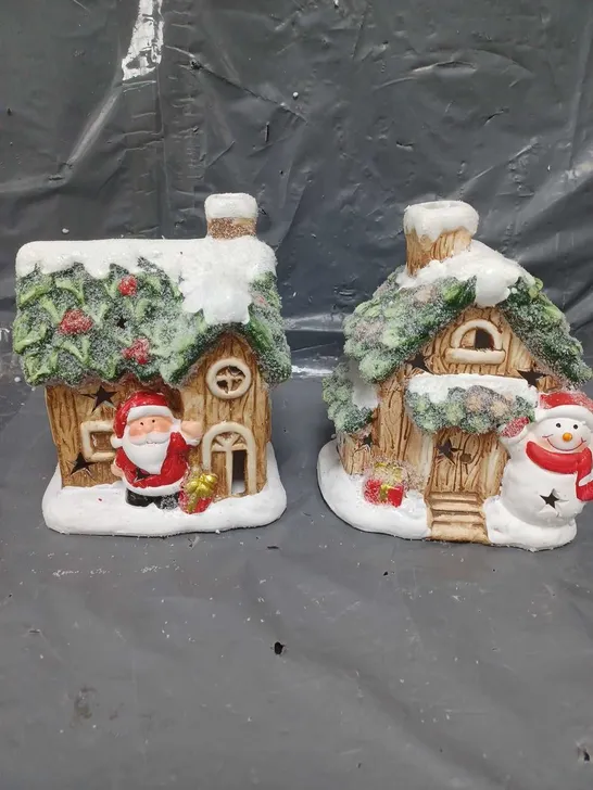 FESTIVE SET OF 2 LIT CERAMIC SANTA/SNOWMAN HOUSE CHRISTMAS DECORATIONS 