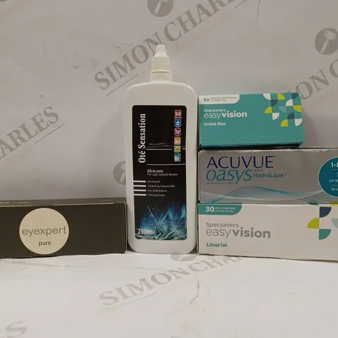 BOX OF APPROX 20 ASSORTED VISION CARE ITEMS TO INCLUDE -  SPECSAVERS EASY VISION LINEARIAL - OTE SENSATION ALL IN ONE - EYEXPERT PURE 1 A DAY ECT