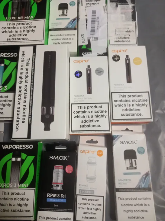 LOT OF APPROXIMATELY 20 ASSORTED VAPING ITEMS AND ACCESSORIES TO INCLUDE VAPORESSO, ASPIRE AND SMOK