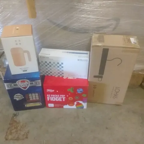 PALLET OF ASSORTED ITEMS INCLUDING VACUUM CUP, MONEY SAFE, POWDER GLOVES, FIDGET BOX, 10 PANT HANGERS