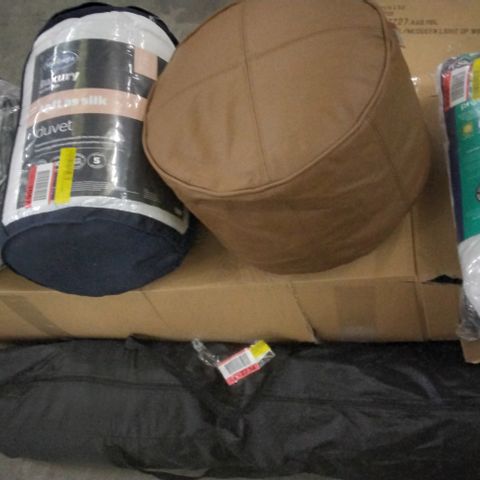 PALLET OF ASSORTED ITEMS INCLUDING HOOTEN POP UP GAZEBO, GENUINE LEATHER BROWN POUFFE, ABANDA EYELET BLACKOUT THERMAL CURTAINS, DUVET 10.5 TOG KING SIZE, SUPERSOFT WATERPROOF MATTRESS POTECTOR 