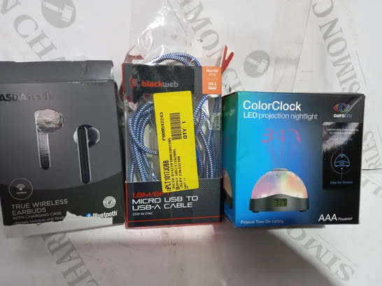 LOT OF APPROXIMATELY 20 ASSORTED HOUSEHOLD ITEMS TO INCLUDE ASDA TECH TRUE WIRELESS EARBUDS, BLACKWEB MICRO USB TO USB-A CABLE, AURA LED COLOR CLOCK LED PROJECTION NIGHTLIGHT, ETC