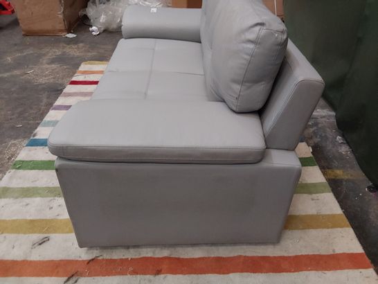 DESIGNER GREY LEATHER 2 SEATER SOFA WITH SQUARE PANEL DETAIL